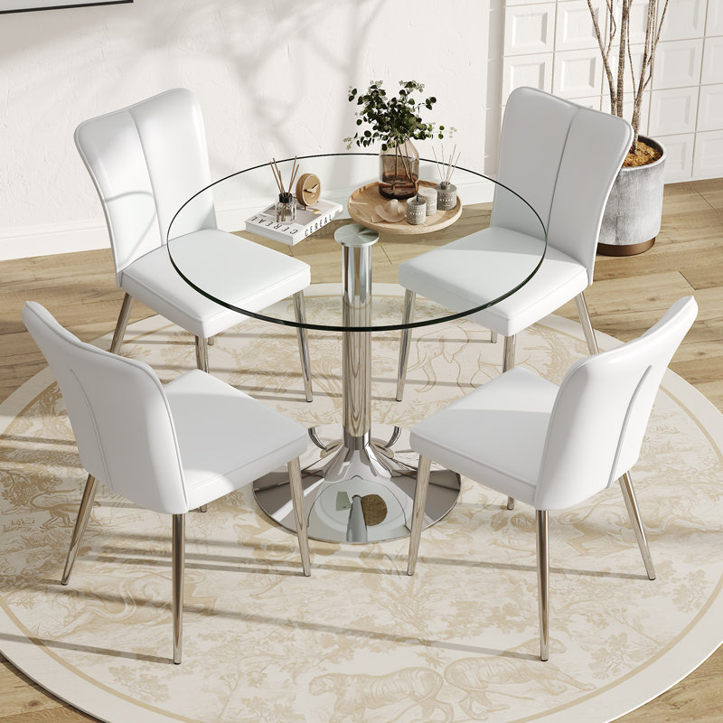 Ensemble de table de salle à manger moderne en verre trempé avec chaises rembourrées en similicuir, Blanc