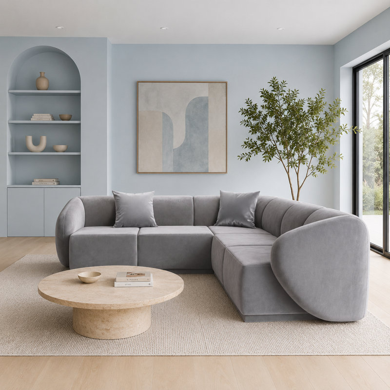 5 Seater Velvet Sofa & Chaise, Grey Velvet