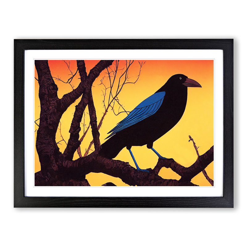Enthralling Crow Bird - Single Picture Frame Print, 46cm H x 64cm W x 2cm D, Black 