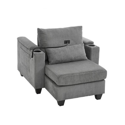 Alice Corduroy Sleeper Chaise Lounge with Cup Holders, USB & Storage