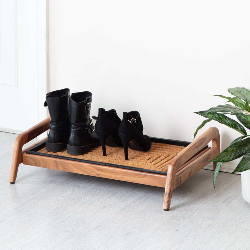 Support à bottes en bois massif de qualité supérieure avec tapis en fibre de coco naturelle - Rangement pour chaussures