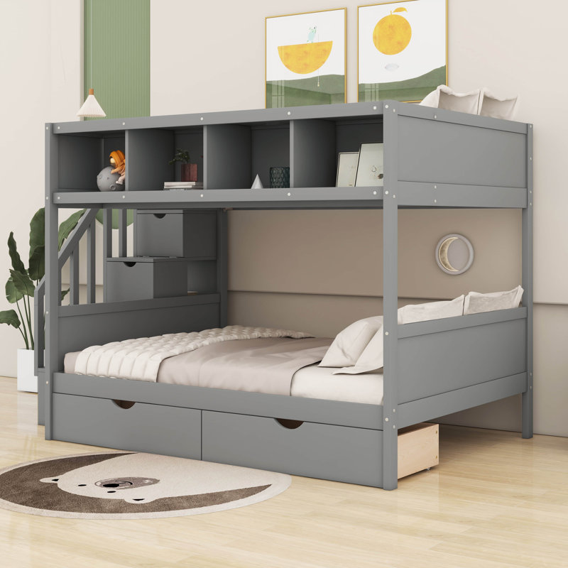 Lit superposé simple au dessus d'un lit double avec tablettes, escalier de rangement et 2 tiroirs pour enfants, gris