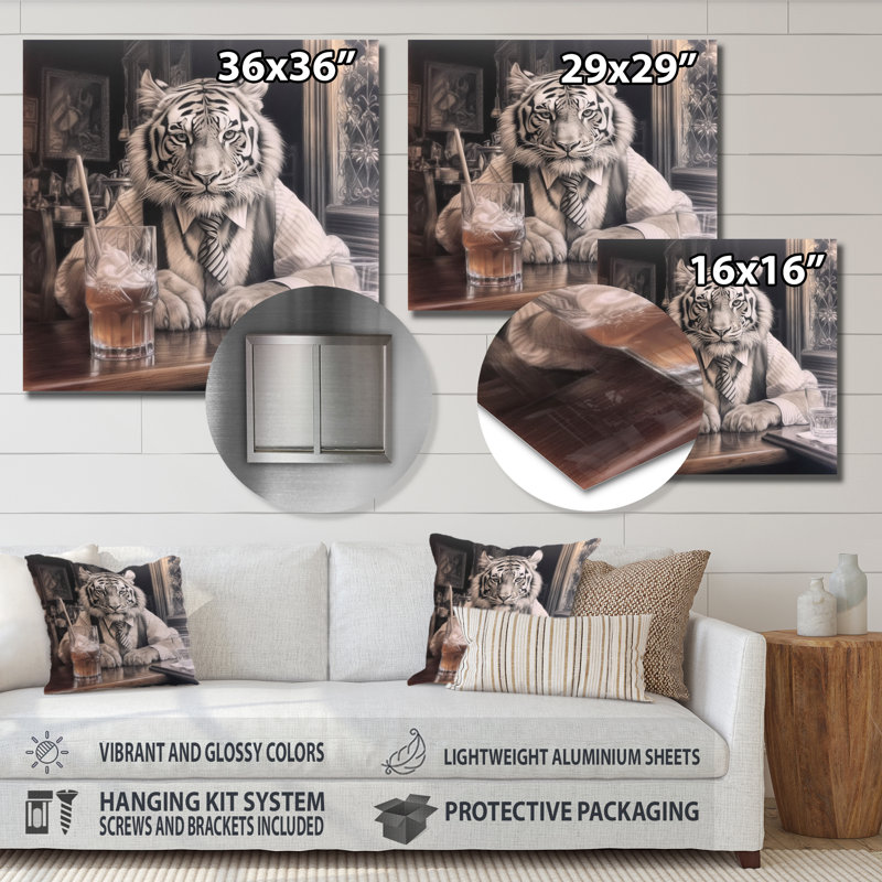 Tigre ayant une boisson II - animaux, art mural en métal, H 16 po x l 16 po x P 1 po