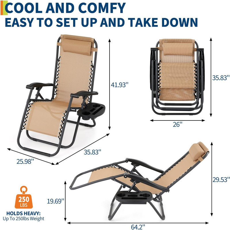 Set of 2 Patio Lounge Chairs – Outdoor Recliner with Side Tray & Headrest, Heavy-Duty Steel Mesh Folding Chairs for Poolside, Beach, Backyard, Deck