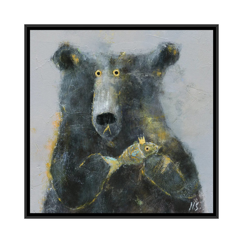 L'ours avec poisson NSL23, H 26 po x l 26 po x P 1,5 po, Toile avec cadre noir