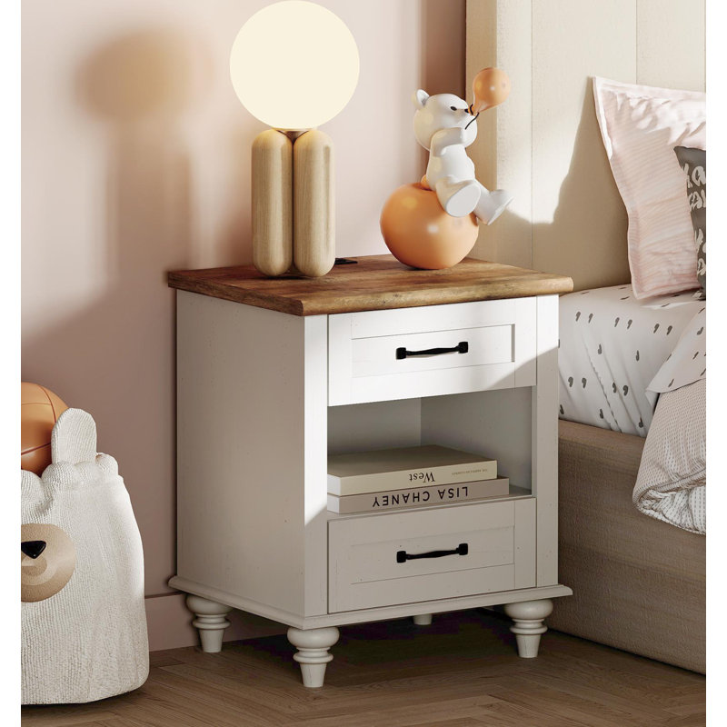 Table de chevet blanc cassé avec station de charge pour chambre d'enfant, Blanc cassé / Brun