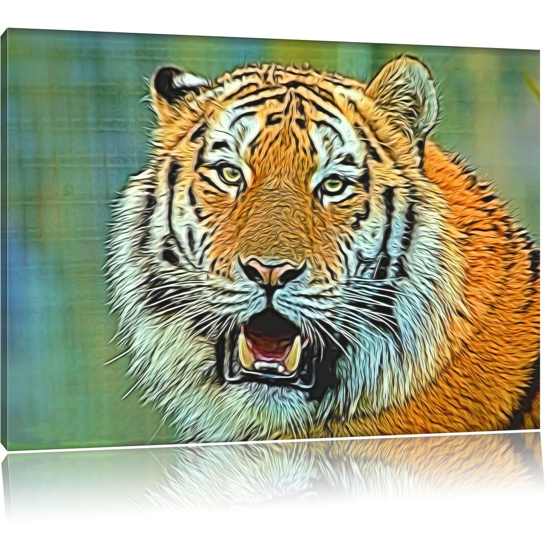 Leinwandbild Tiger mit offenem Maul in Braun/Grün