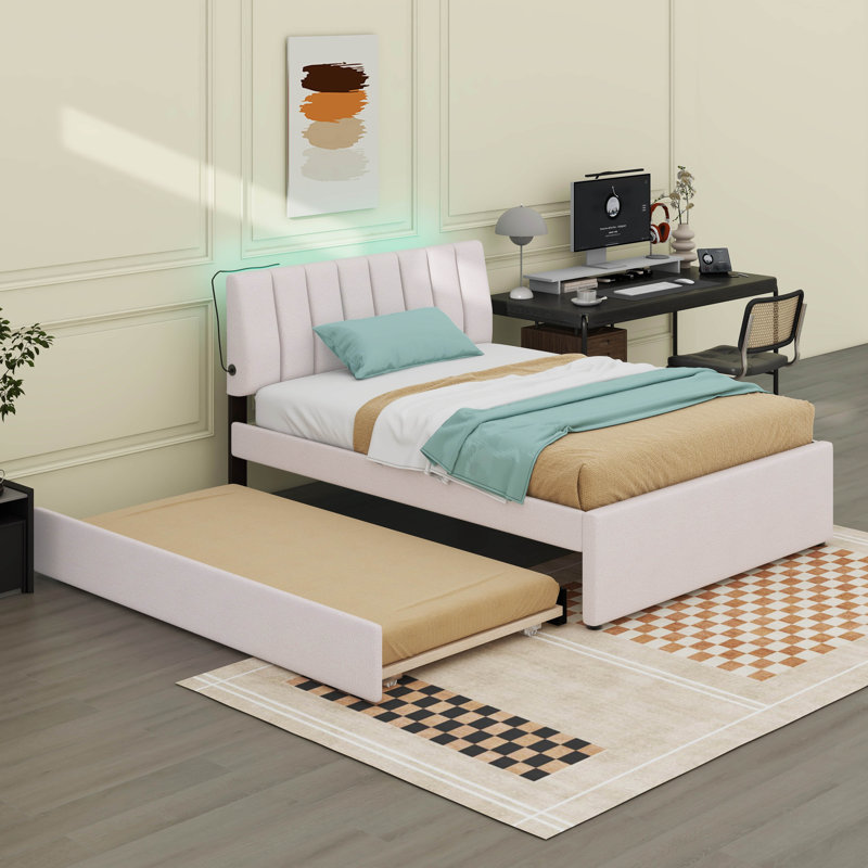 Lit plateforme tapissier Teddy, Double, Beige