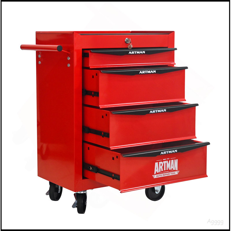 Coffre à outils roulant en métal avec 4 tiroirs, armoire à outils à 4 tiroirs de 20 po avec glissières à roulement à billes, coffre à outils en acier - rouge et noir