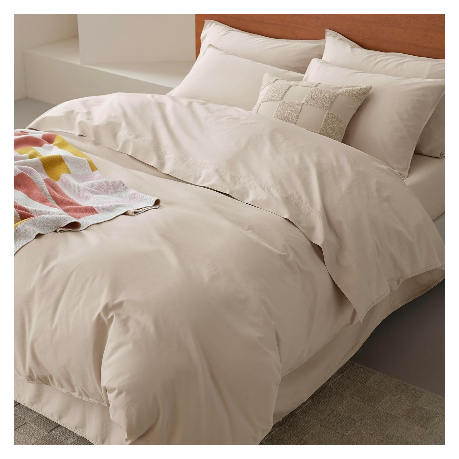 Double Stitch Cotton Solid Duvet Cover, Queen Duvet Cover + 2 Pillow Shams, Ecru