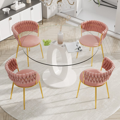 Ensemble de salle à manger à piédestal rond avec chaise de salle à manger en velours ciel