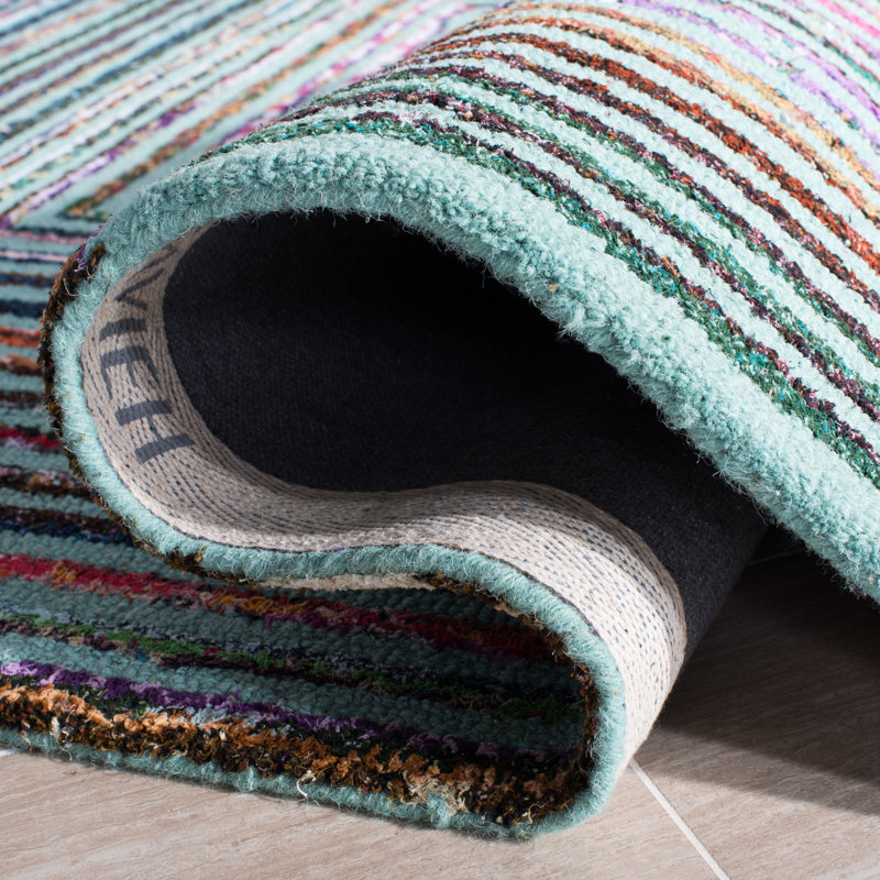 Tapis vert / bleu sarcelle en laine / coton touffeté à la main à motif géométrique Nantucket, Rectangle 3 pi x 5 pi