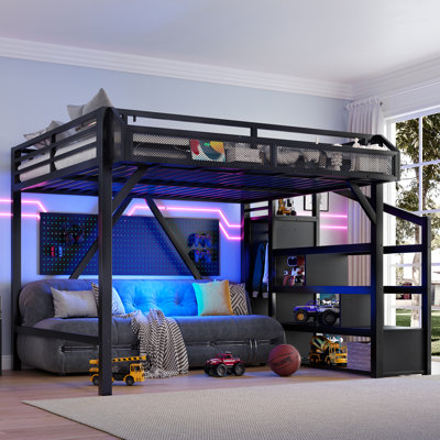 Queen Loft Bed with Storage Stairs, Shelves and Built-in Wardrobe, Metal Loft Bed Frame with USB Ports and LED Lights, Noise-reduced Design, Black Woodgrain