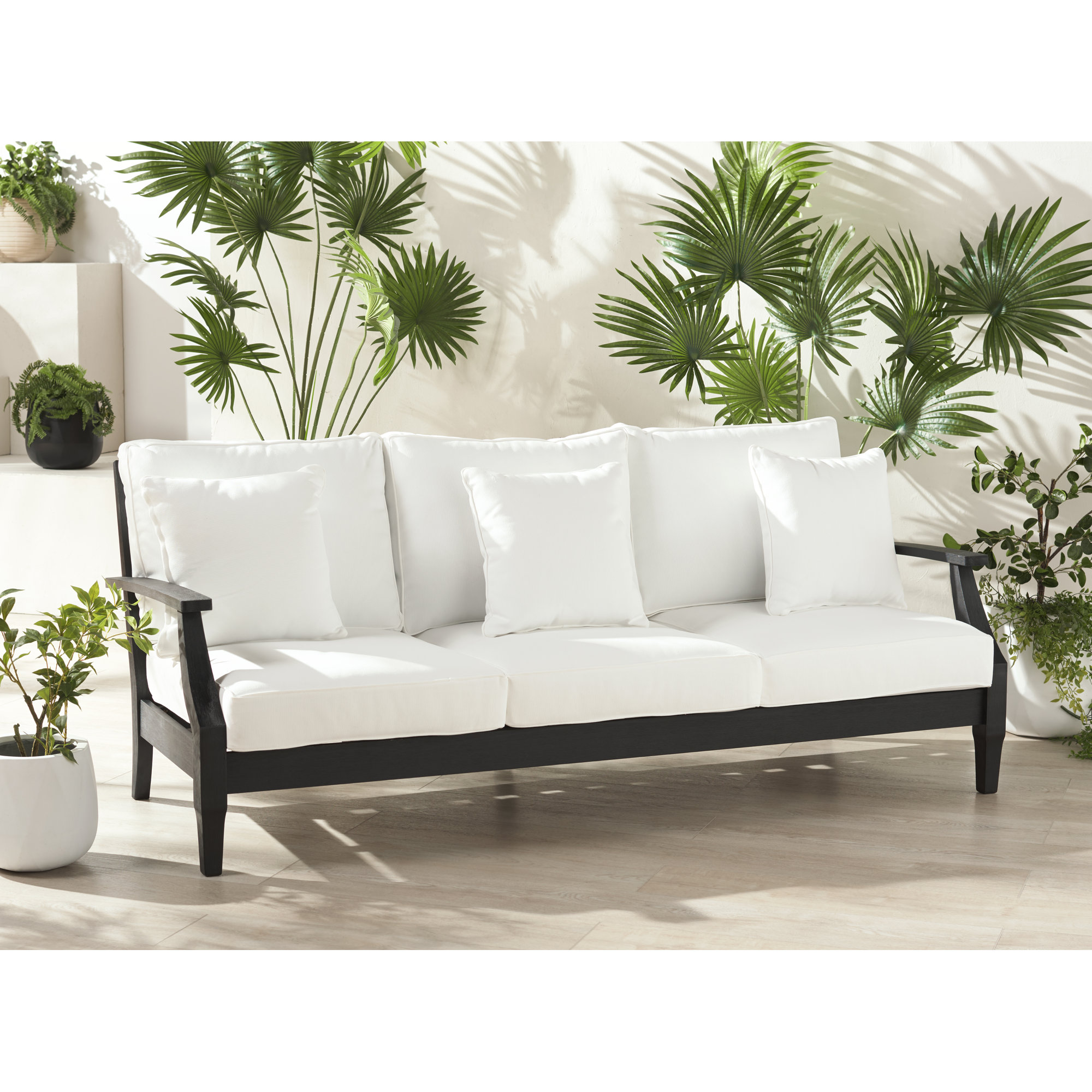 Samya 83'' Wide Outdoor Patio Sofa with Cushions, Black/White