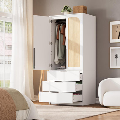 Wood Armoire Wardrobe with 3 Drawers and 2 Doors, Modern Tall Bedroom Storage Cabinet for Hanging Clothes