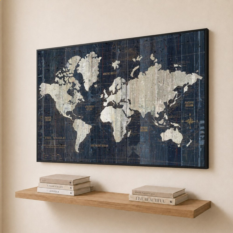 Old World Map Blue 2 by Wild Apple Portfolio - Graphic Art on Canvas, Black, Flat Floating Frame, 60" x 40"