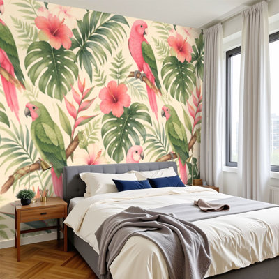 Papier peint adhésif auto-adhésif moderne pour la chambre à coucher, avec feuilles tropicales, oiseaux, imprimé perroquet L 69 "x l 96" Peel and Stick