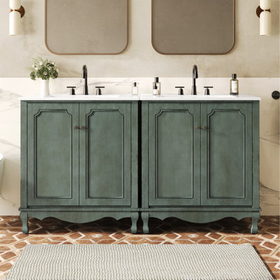 60" Double Sinks Bathroom Vanity Set, Vintage Bathroom Cabinet With Two Separate Ceramic Sink And Antique Knobs, Bathroom Storage Cabinet With Rubber Wood Legs And Adjustable Shelves, Antique Teal