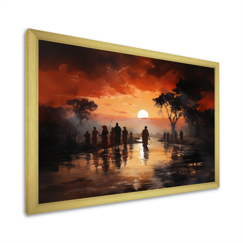Paysage africain obscur sur toile, H 16 po x l 32 po x P 1 po, Encadrement doré