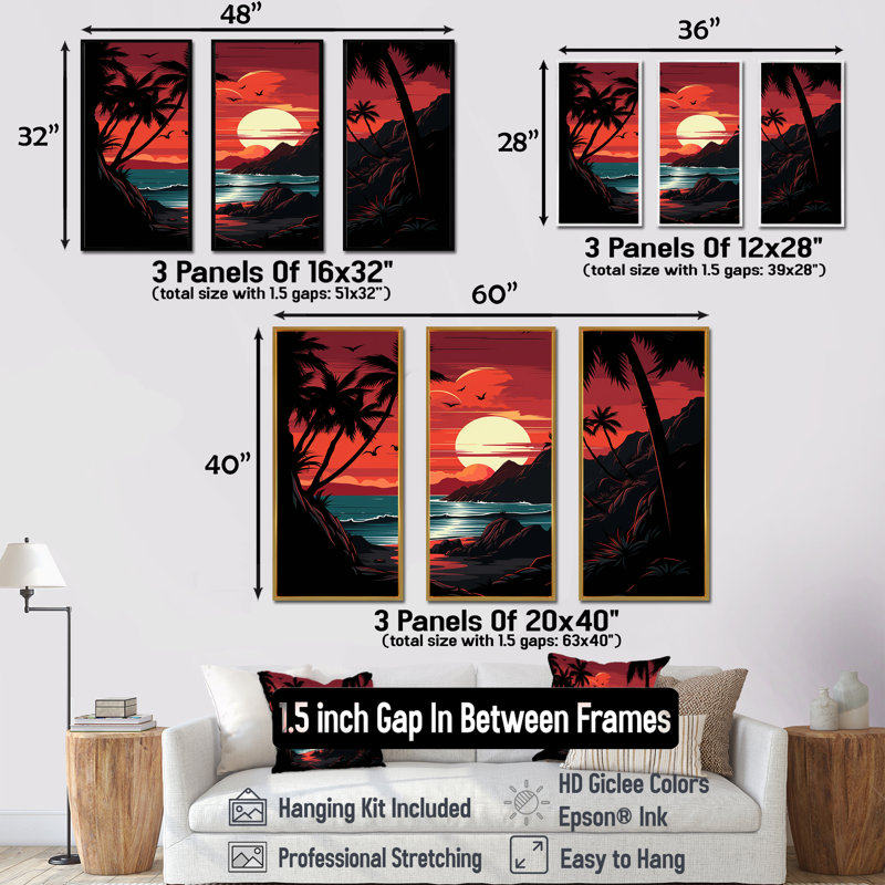 Coucher de soleil rouge audacieux paysage - coucher de soleil côtier, art mural, Cadre flottant noir