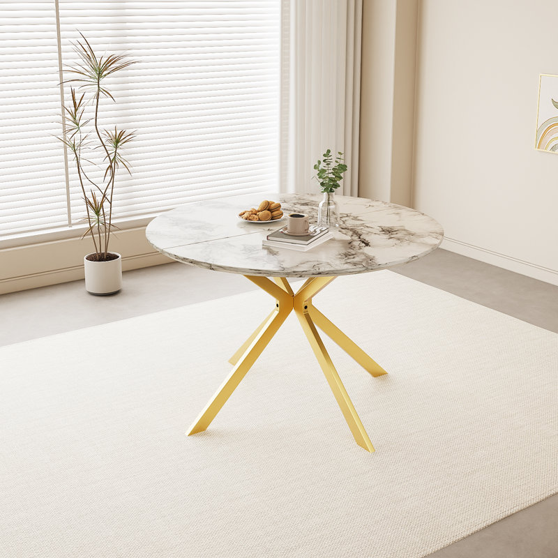 46.5" Wood Round Dining Table, Gold, White/Black