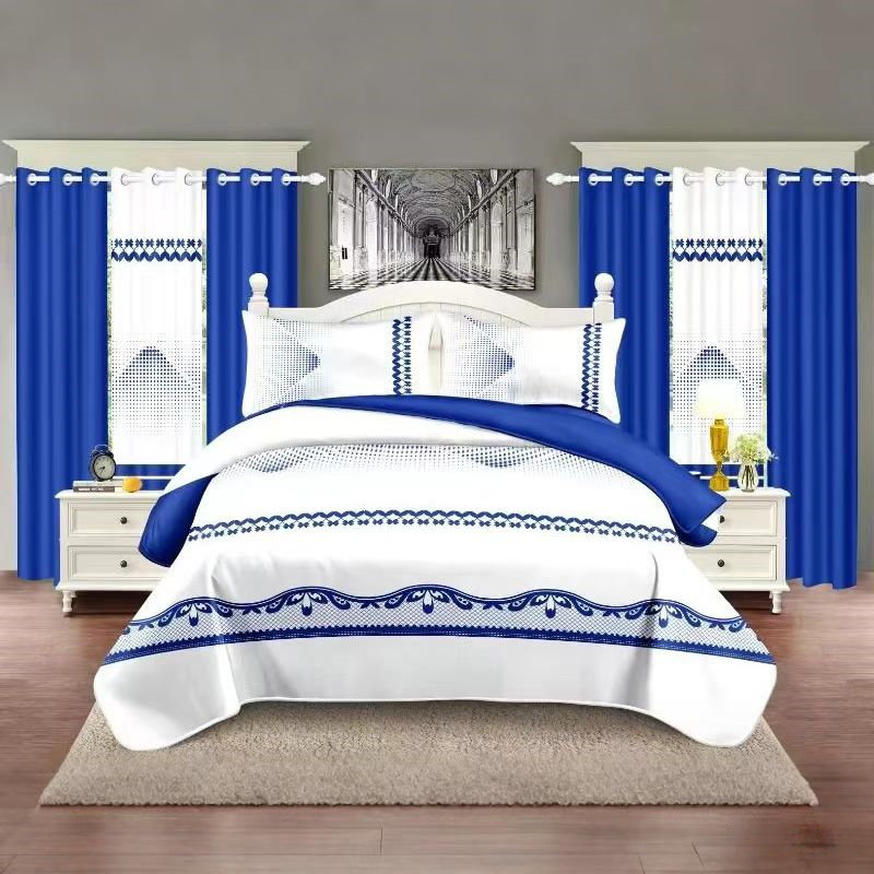 Ensemble de literie 9 pièces avec rideaux assortis, grand, bleu royal et blanc, couvre-lit matelassé, couvre-lit, lavable à la machine, cadeau pour mariage et fastival