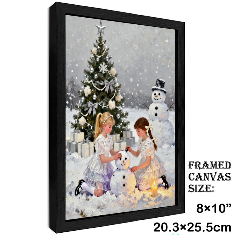 Filles de Noël rétro encadrées noires jouant et gambadant des impressions encadrées de style rétro, H 11 po x l 9 po