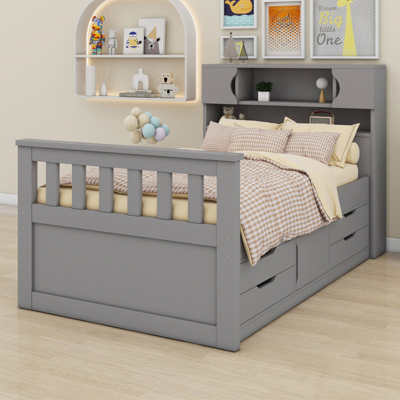 Platform Bed Frame With Storage Bookcases,Shelves And Drawers, Grey