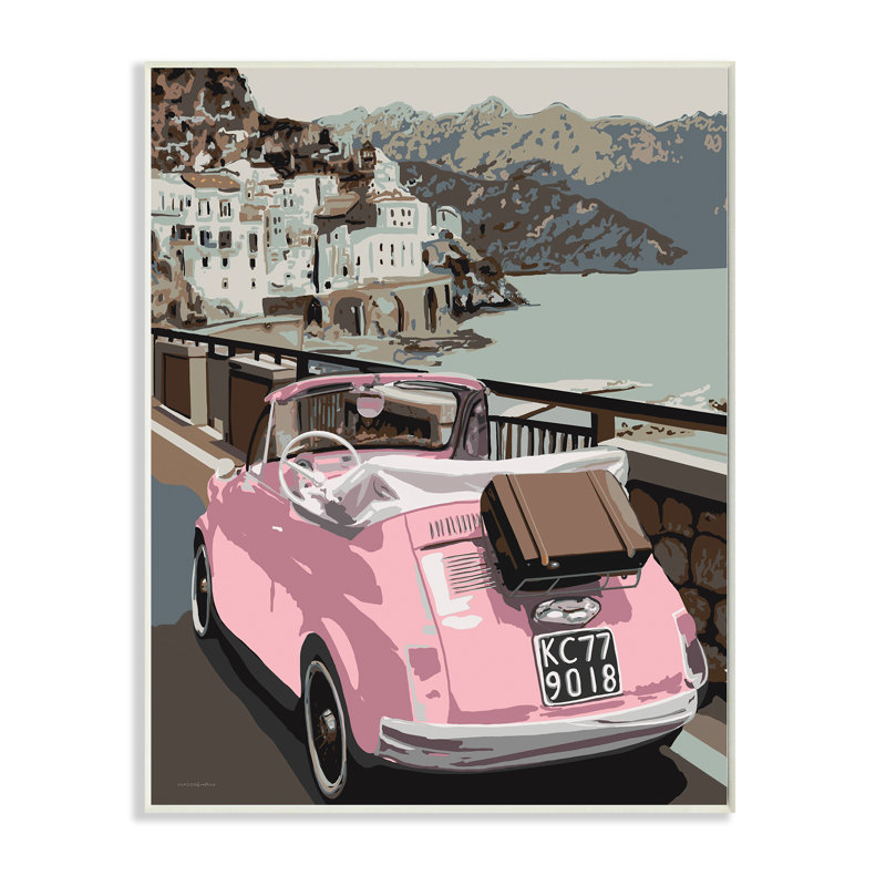«Pink Car Cliffside Town on Waterfront Road» par Kamdon Kreations - impression, Bois naturel, H 19 po x l 13 po
