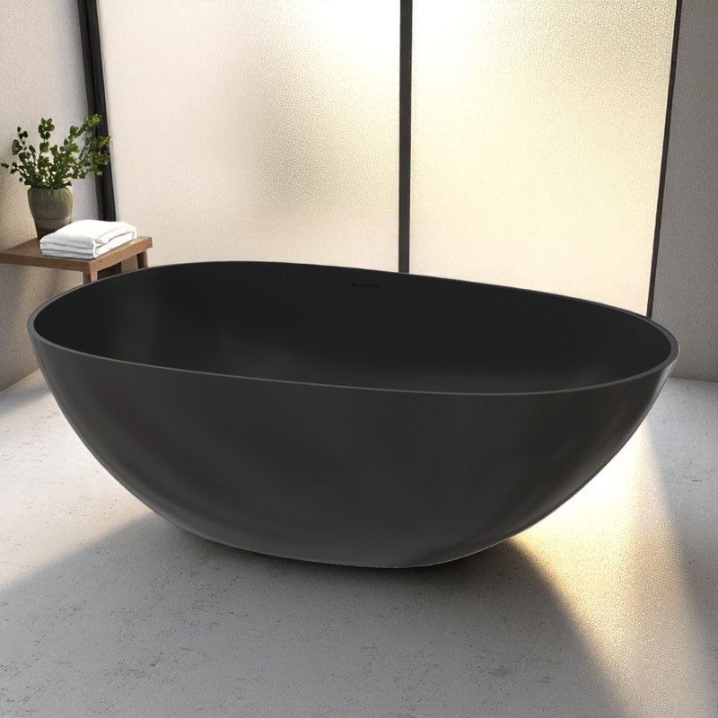 67" x 33.5" Matte Solid Surface Stone Resin Freestanding Soaking Bathtub, Matte Black