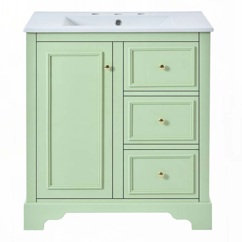 Meuble-lavabo avec lavabo en céramique, 3 tiroirs et tablettes réglables, Vert
