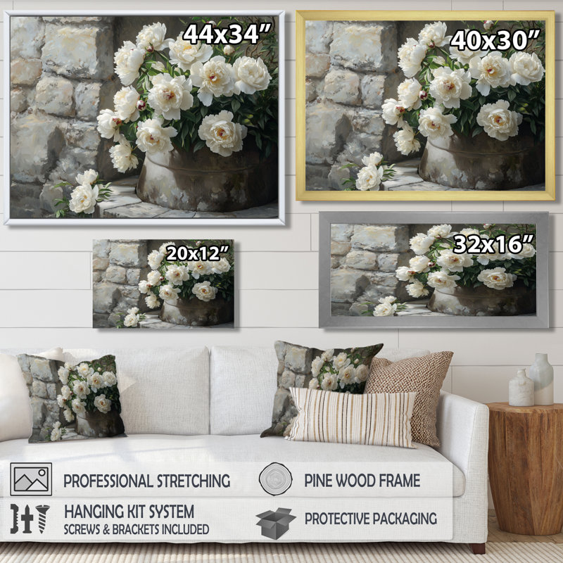 Pivoines près du puits de ferme II - pivoines, art mural, H 28 po x l 60 po, Cadre crème crème
