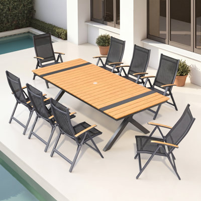 8-Person Aluminum Outdoor Dining Set With Folded Reclining Chairs And Umbrella Hole