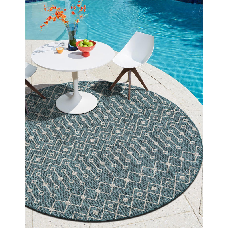 Innsbrook Southwestern Power Loom Teal Indoor/Outdoor Area Rug, Round 7'10"