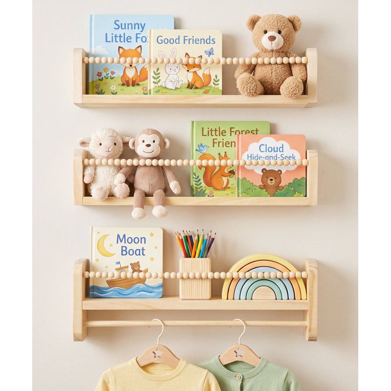 Ensemble de 3 étagères murales flottantes pour chambre d'enfant, 40,6 cm de large, avec traverses avant en perles de bois.