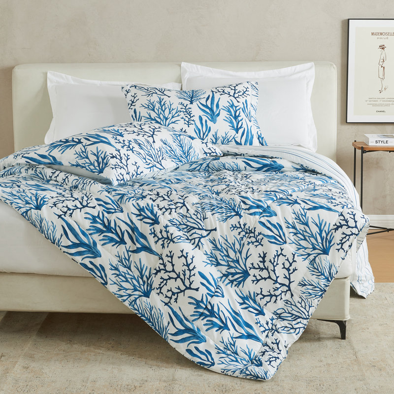 Twin Navy Sea Coral Print Reversible Microfiber Comforter Set