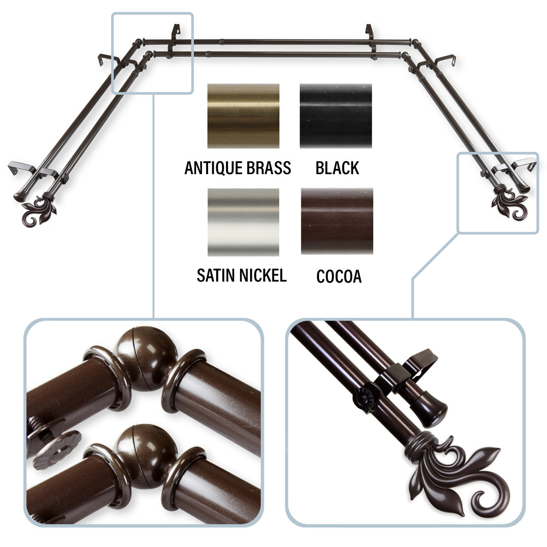 Rexford Steel Rod/Resin Finials Adjustable Bay Window Double Curtain Rod Fleur De Lis Living