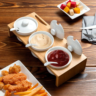 3 ceramic chip dipping sauce bowls with lids, high-quality bamboo trays, seasoning jars, perfect for entertaining guests