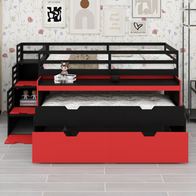Lit mezzanine optimisé pour les petites pièces avec bureau d'étude coulissant, lit gigogne, 2 tiroirs spacieux et marches de rangement