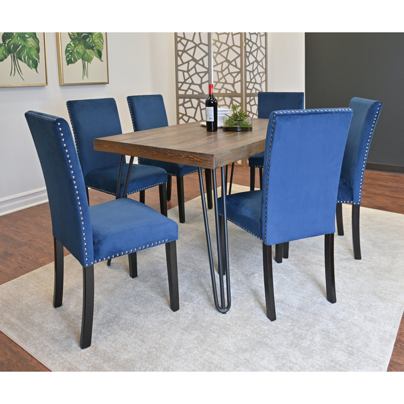 Ensemble de salle à manger 7 pièces, table à manger en épingle à cheveux avec 6 chaises, 3 options de couleurs, Bleu