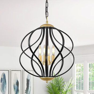 Lustre sphérique industriel moderne avec hauteur réglable, luminaire suspendu noir et doré à 4 lumières pour la salle à manger, la cuisine et le vestibule