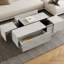 Table basse rectangulaire à plateau coulissant double avec rangement caché et deux tiroirs, parfaite pour organiser les essentiels du salon et rehausser le décor moderne.