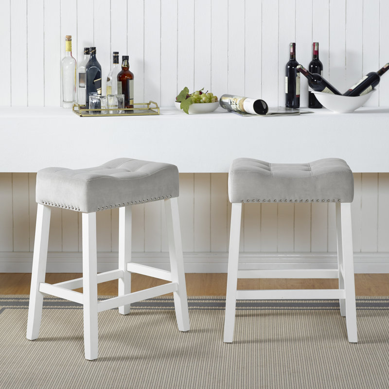 De 2 tabourets, hauteur comptoir, sièges de selle gris, blanc délavé, velours de bois massif, Gris