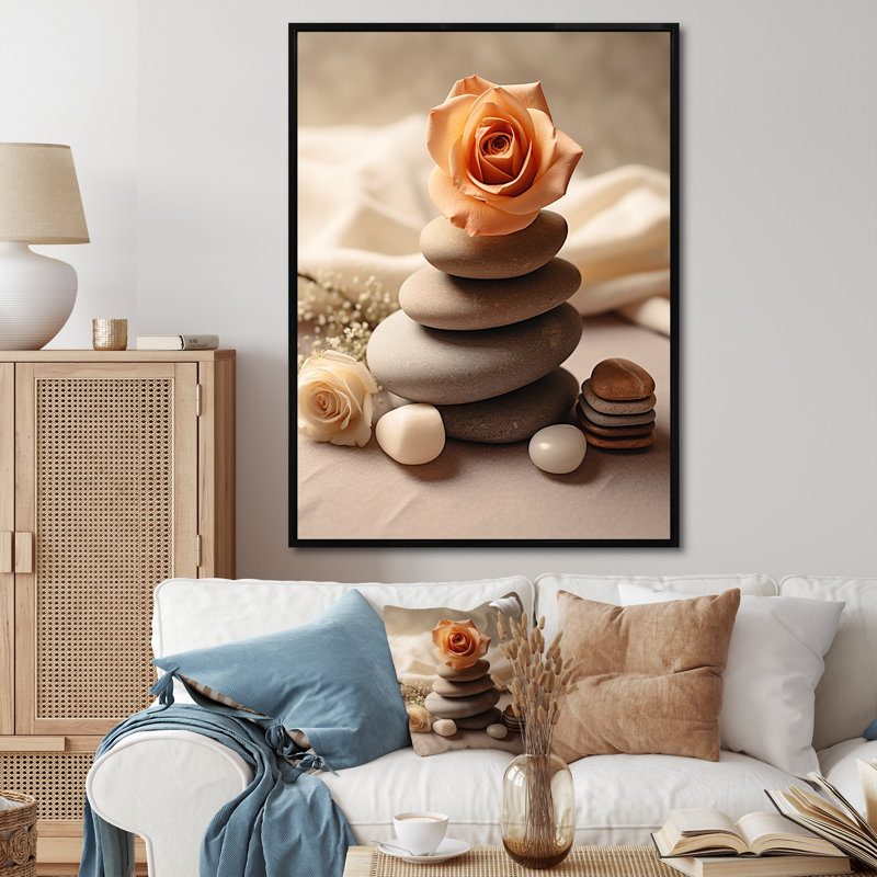 «Pink Rose on Zen Stone Cairn Sculpture», reproduction sur toile, H 40 po x l 30 po, Cadre flottant noir