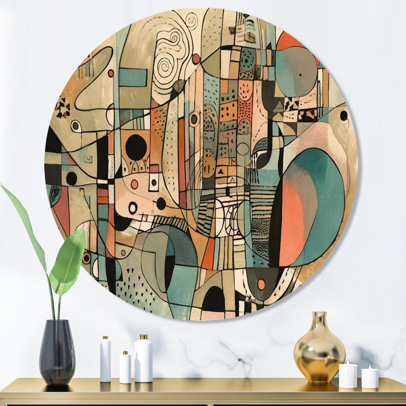 Golden Mid Century Boho Dessin - Minimalisme abstrait, art mural rond sur métal, H 36 po x l 36 po x P 1 po