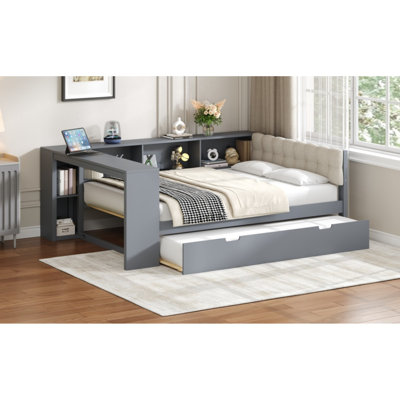 Lits spacieux en bois avec rangement, tête de lit tapissier, gris moderne