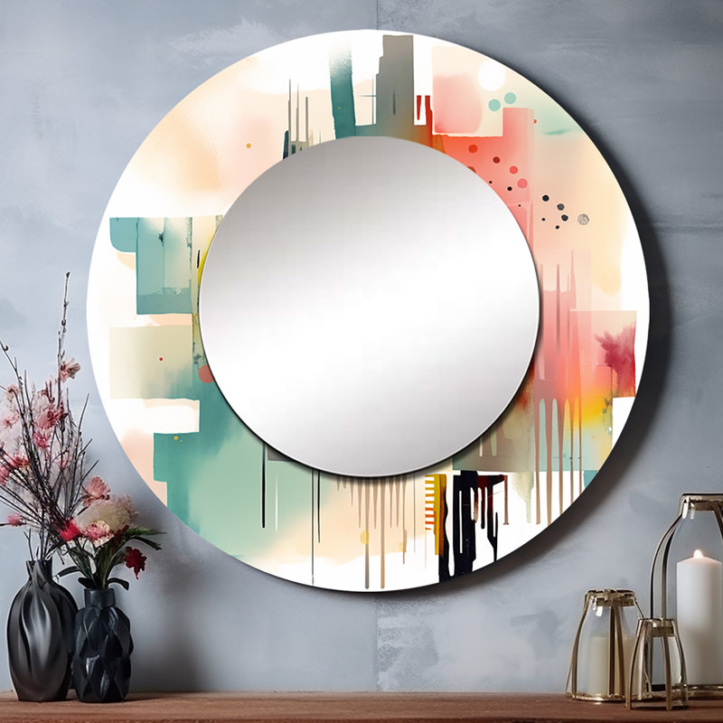 Quinnleigh orange et bleu artistique Expressions II - miroir décoratif géométrique, miroir mural rond moderne, impression d'art en métal