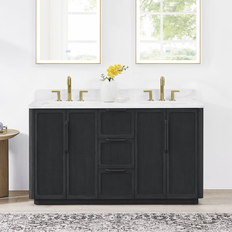 Meuble-lavabo double 60 po avec plateau en pierre de quartz blanc Busan, Chêne noir classique