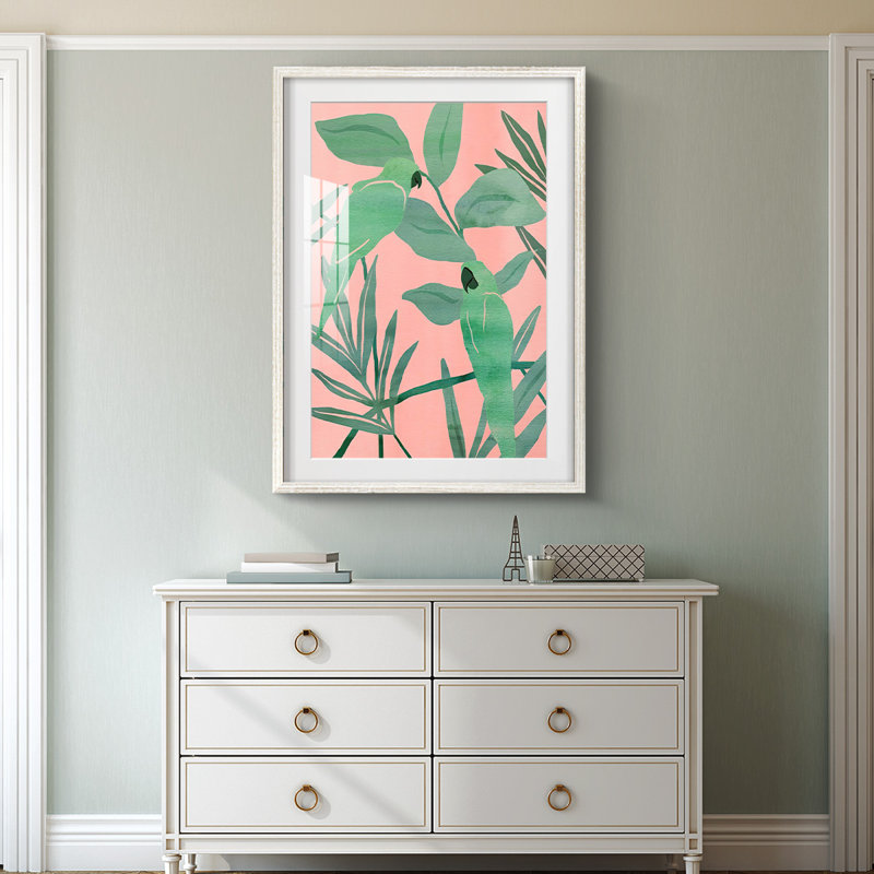 Oiseaux de paradis roses et verts I - impression encadrée, H 28,5 po x l 20,5 po, Blanc