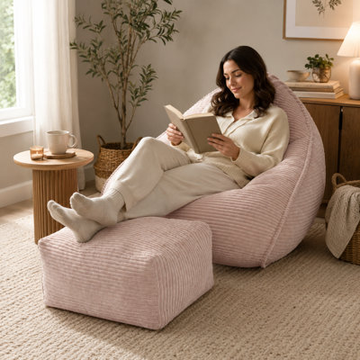 Pouf poire en velours côtelé et mousse de 107 cm de large avec repose-pieds pour adultes, forme goutte d'eau - rose